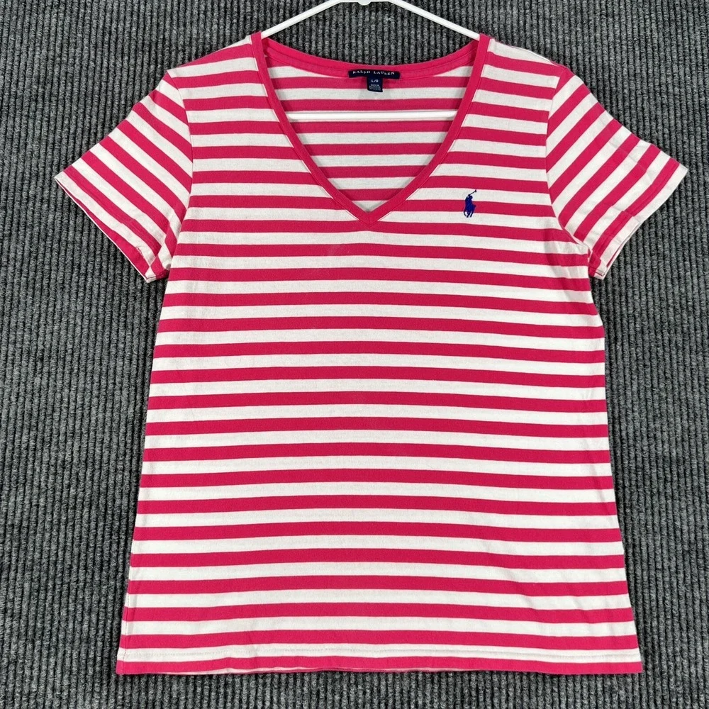 Ralph Lauren Shirt Youth Girls Large Pink Striped Short Sleeve Soft Cotton